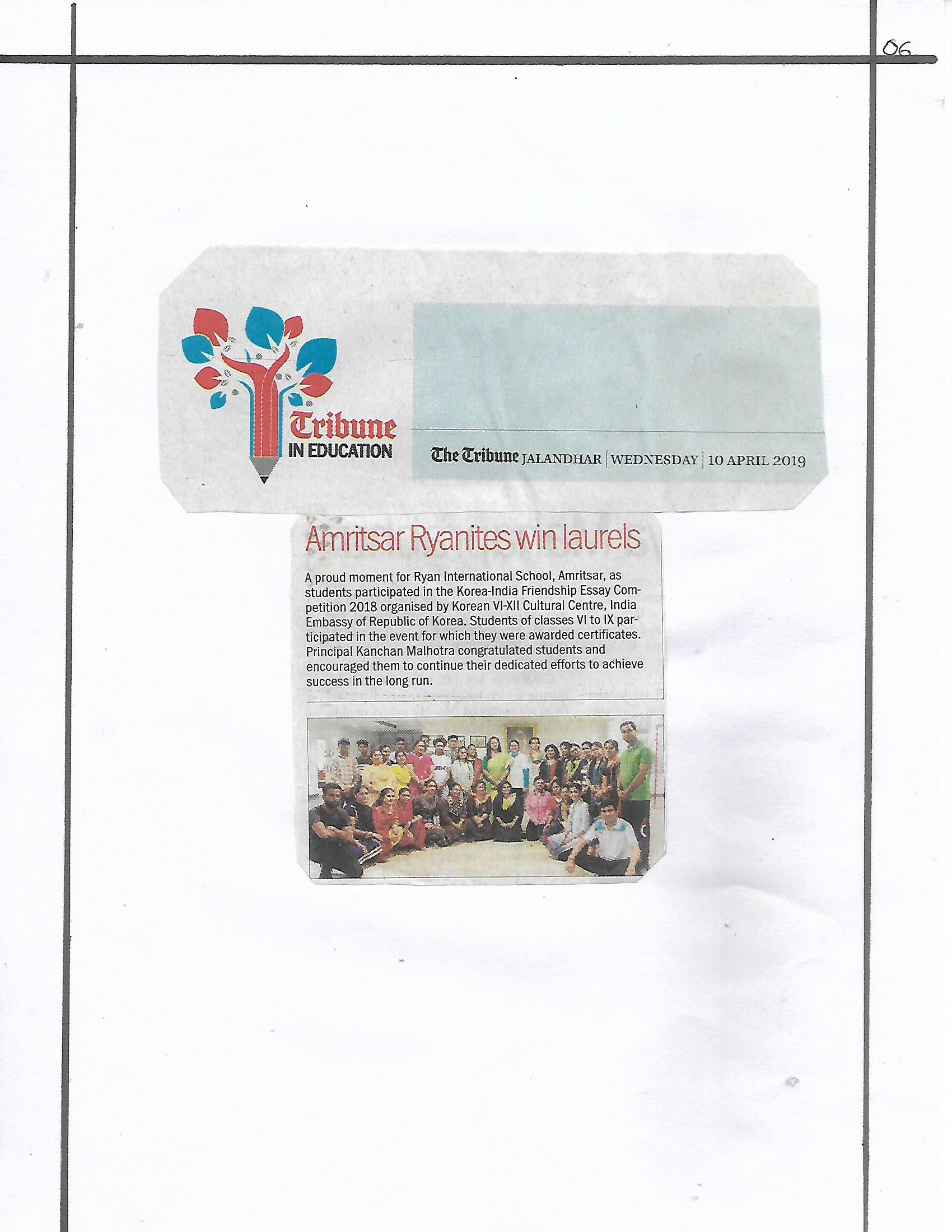 Korea-India Friendship Essay Competition’ - The Tribune - Ryan International School, Amritsar